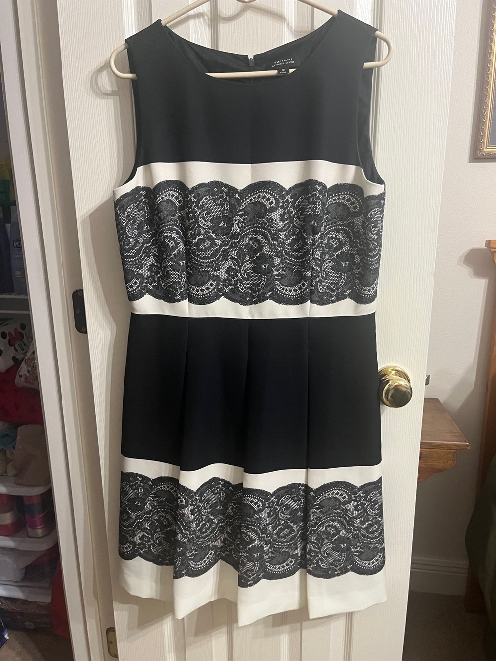 Tahari Black and Cream Lace-Trim Midi Dress